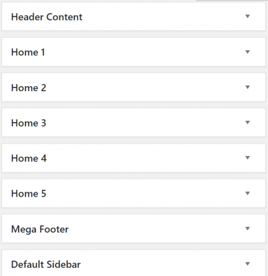 Widgets areas with drop-downs; areas are Header Content, Home 1, Home 2, Home 3, Home 4, Home 5, Mega Footer, and Default Sidebar