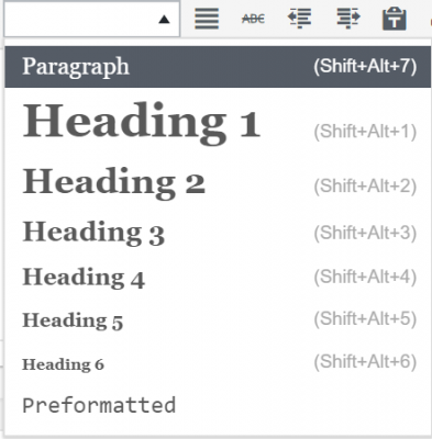 Drop down menu with heading levels: Paragraph (Shift+Alt+7), Heading 1 (Shift+Alt+1), Heading 2 (Shift+Alt+2), Heading 3 (Shift+Alt+3), Heading 4 (Shift+Alt+4), Heading 5 (Shift+Alt+5), Heading 6 (Shift+Alt+6), Preformatted