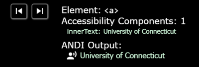 ANDI forward and back arrows, Element link shown with text University of Connecticut as output