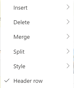 Set table header row in Outlook Office 365