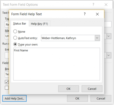 add help text with Type your own field selected; help text reads "First Name"