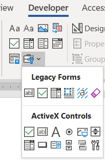MS Word Developer tab with legacy form field panel opened