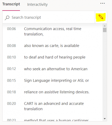 edit transcript icon next to Search transcript bar in Microsoft Stream