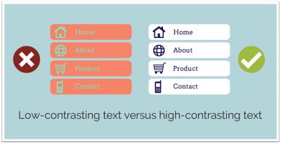 Screenshot comparing inaccessible text that has low contrast to text that is accessible with high contrast.