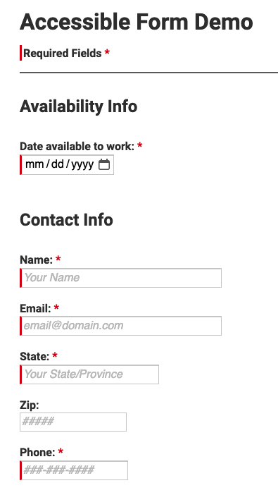 An screenshot of an example of an accessible form with distinguishable input fields, properly labeled required fields, and accessible color contrast (black text on a white background)