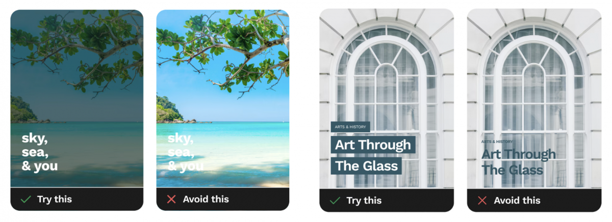Screenshot comparing inaccessible text that has low contrast to text that is accessible with high contrast using two different text on image examples.