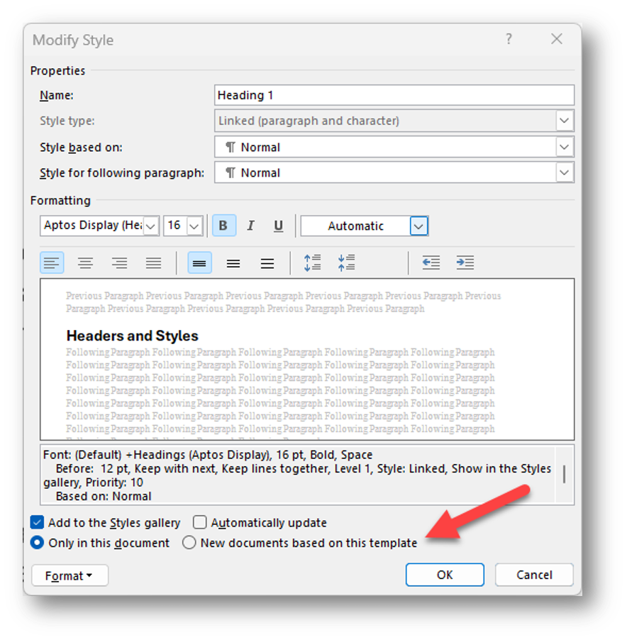 Screenshot of Modify Style setting in Microsoft Word with New documents based on this template highlighted.