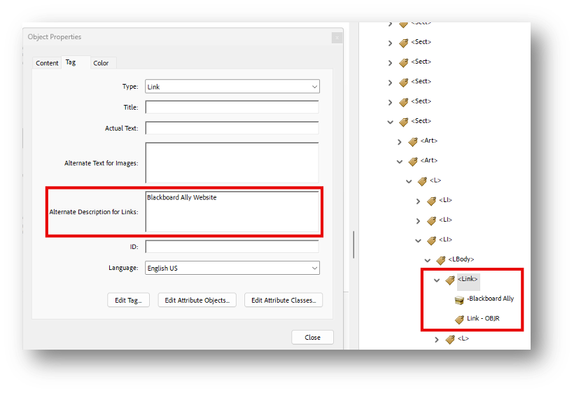 Screenshot of link tag in PDF with alt text present
