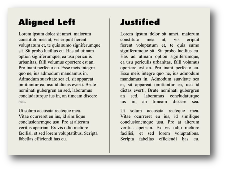 Screenshot of left aligned versus justified text