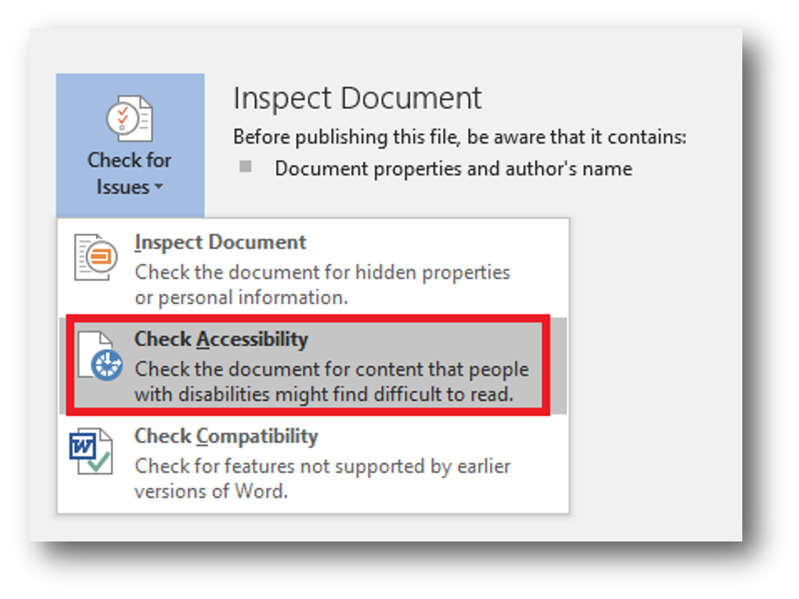 Microsoft office check accessibility feature found by selecting "check accessibility" under review