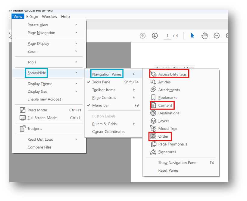 Screenshot of Acrobat Pro Menu with View - Show/Hide - Navigation highlighted and Accessibility tags, Content, and Order selected.