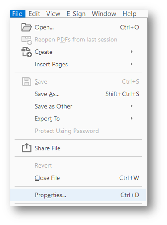 Screenshot of Acrobat Pro Menu - File - Properties