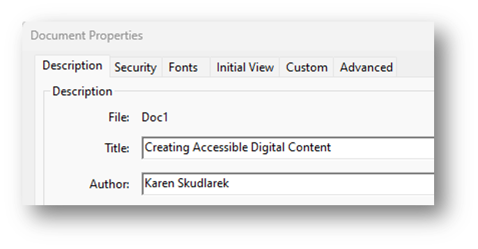 Screenshot of Acrobat Pro Menu Document Properties including Title and Author.