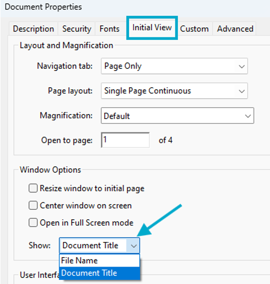Screenshot of Acrobat Pro Menu Document Properties with Initial View highlighted and Show is set to Document Title