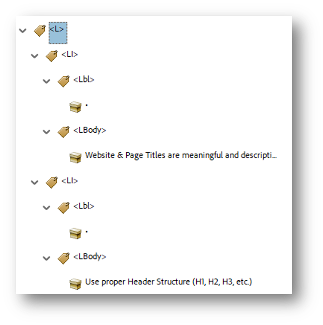Screenshot of PDF tag tree with List tag, list item, list label, and list body.