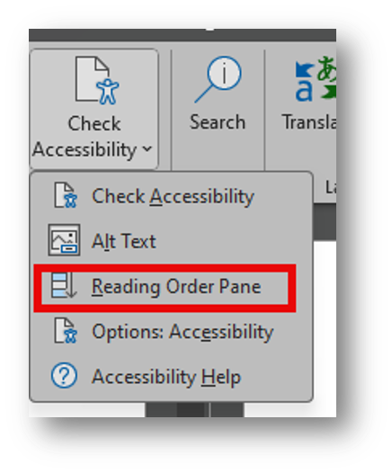 Screenshot of PowerPoint menu on Review tab Check Accessibility > Reading Order Pane