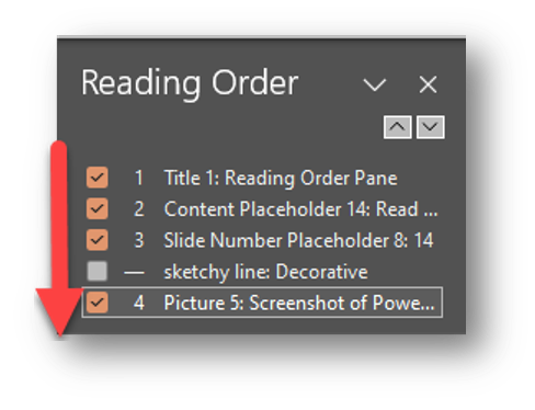 screenshot of Reading Order menu in PowerPoint indicating the reading order is from the top to bottom.