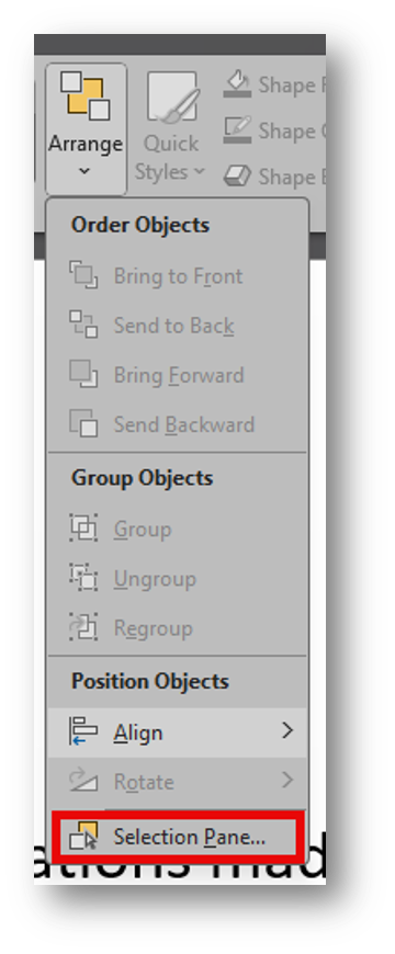 Screenshot of PowerPoint menu on Home tab Arrange > Selection Pane.
