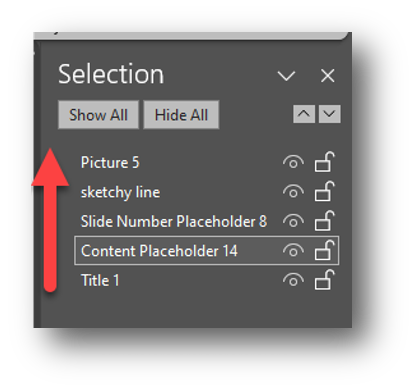 screenshot of Selection menu in PowerPoint indicating the reading order is from the bottom up.
