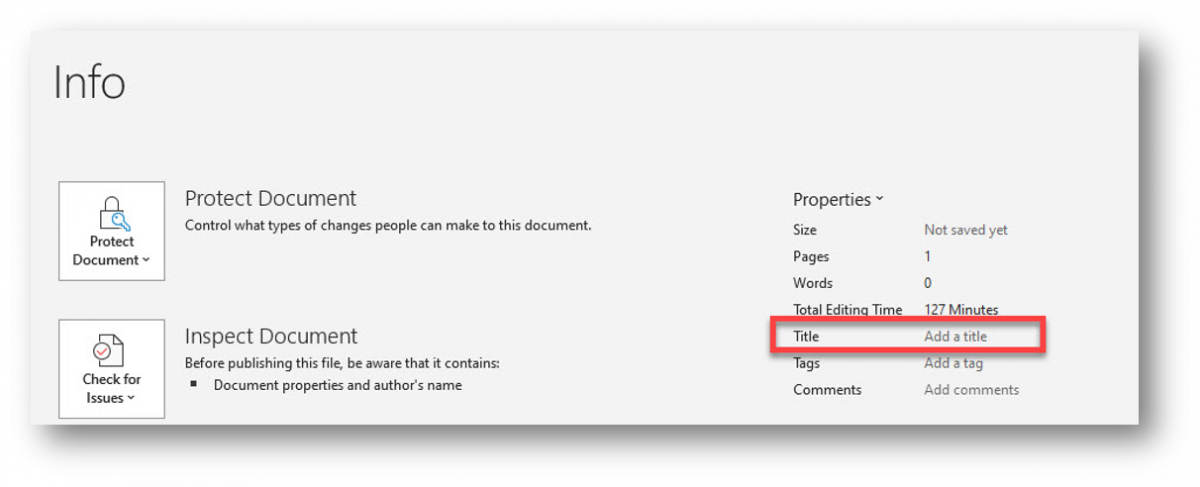 Screenshot of document info with Title highlighted
