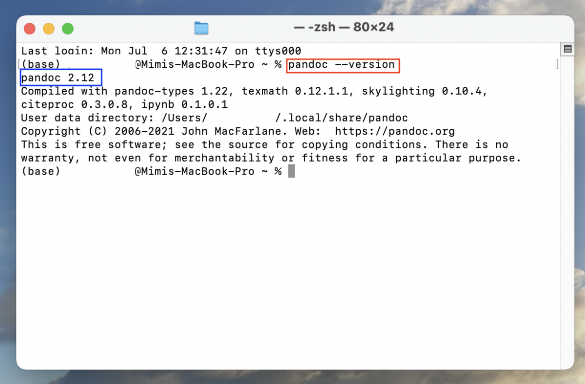 A screenshot of the macOS Terminal prompt verifying the Pandoc installation and outputting version 2.12.