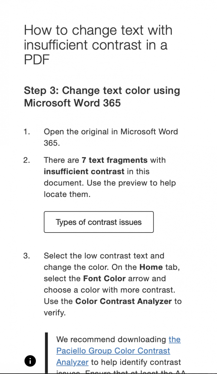 A screenshot of the sidenav in Ally's File Accessibility scores that details how to change text with insufficient color contrast in a PDF.