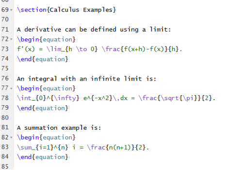 A screenshot of LaTeX source code showing semantic math commands and properly defined equations and their explanations.