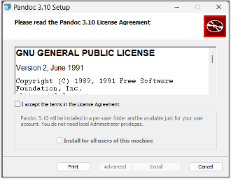 A screenshot of the license agreement that the user gets prompted to accept when installing Pandoc.