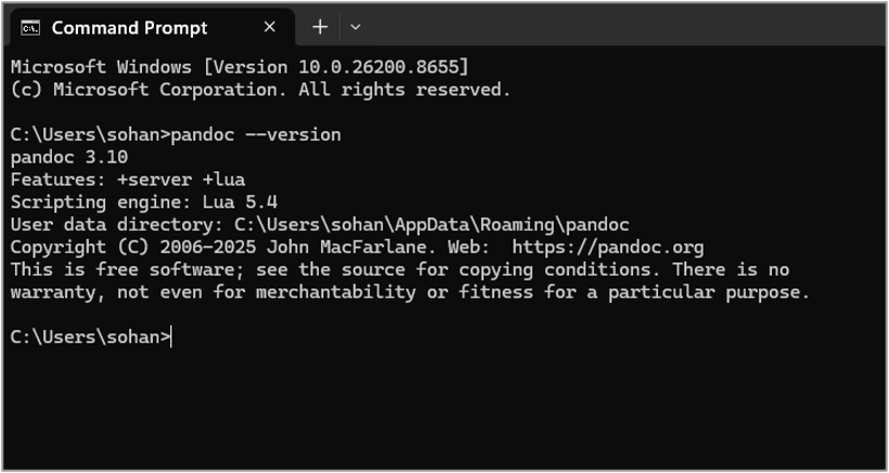 A screenshot of the successful Pandoc installation via Windows terminal.