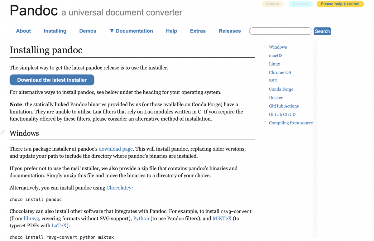 A screenshot of the official Pandoc download page.