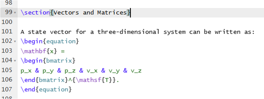 A screenshot of LaTeX source code showing a proper section with an appropriate description.
