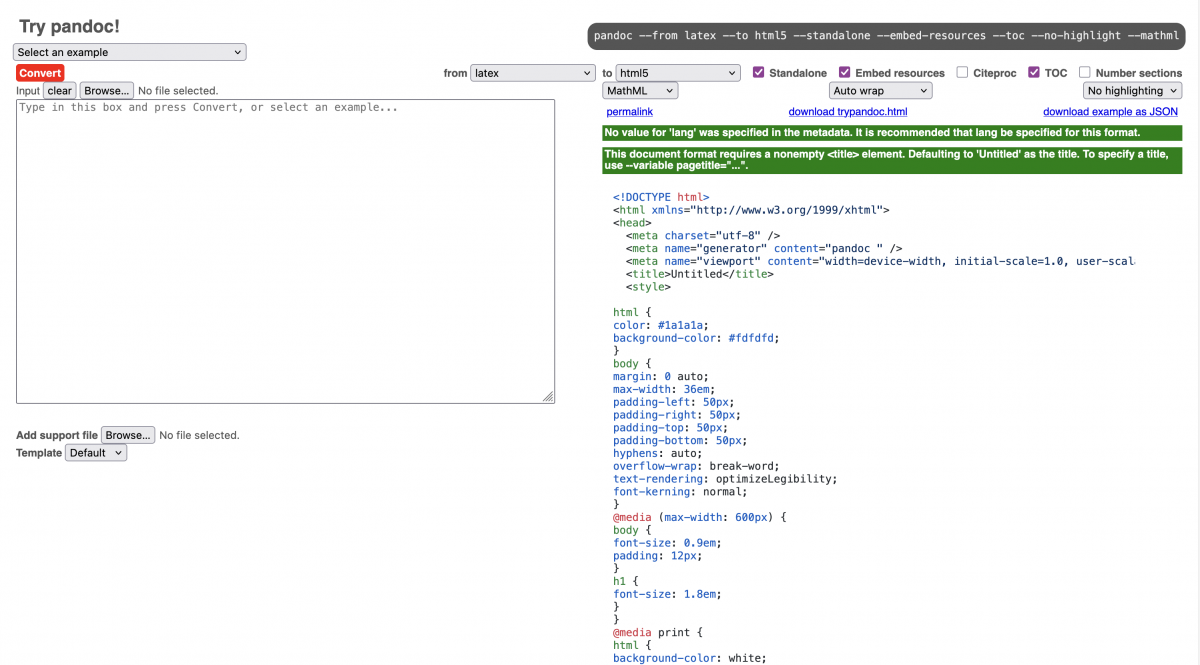 A screenshot of the Pandoc on the web interface with the appropriate options selected.