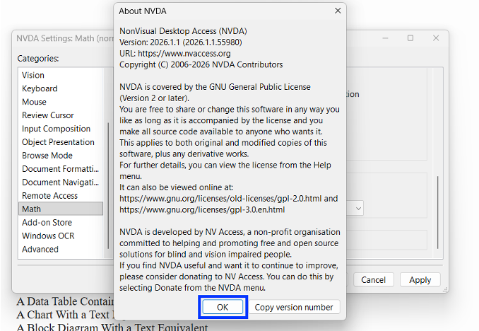 Screenshot of the NVDA version and settings for Windows