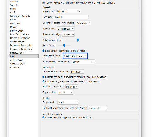 Screenshot of the NVDA recommended settings for the NVDA screenreader including speech style and speech verbosity.