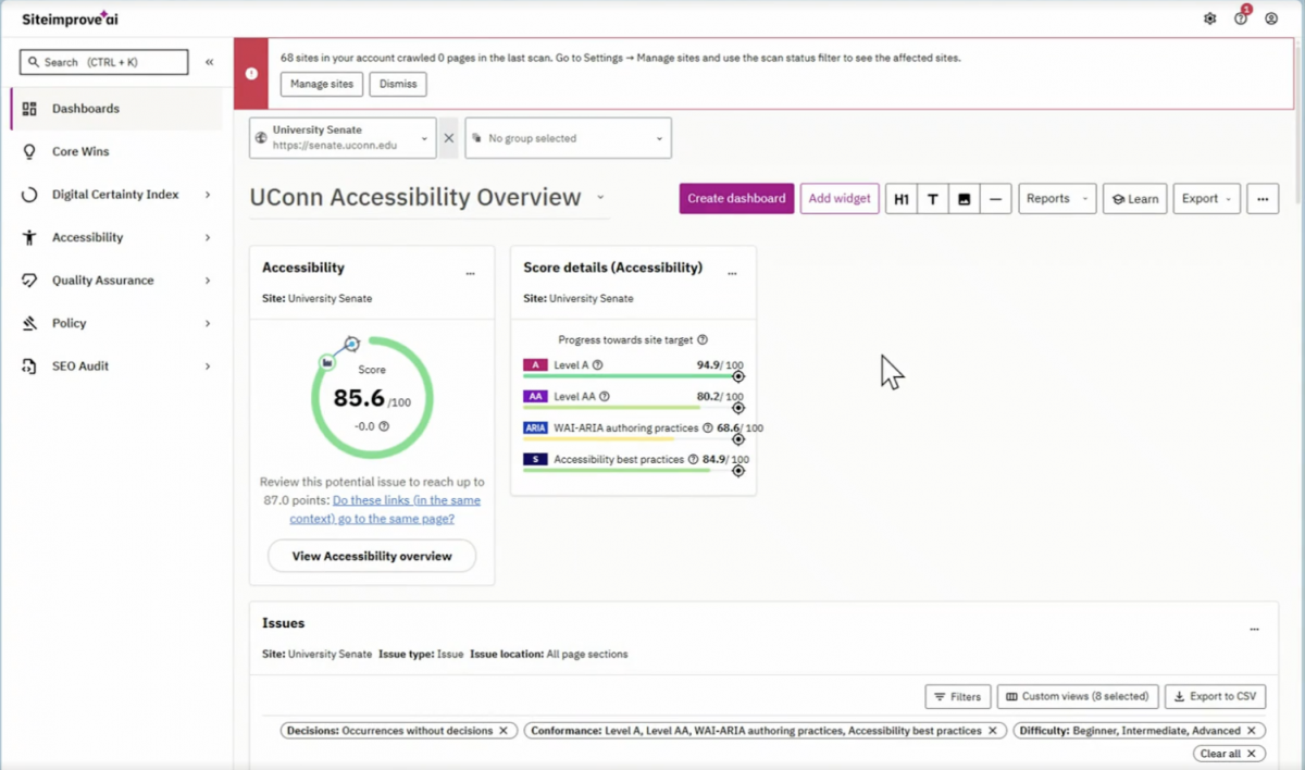 A screenshot of the Siteimprove dashboard when first logging onto the page that displays the accessibility score and score details for the respective website