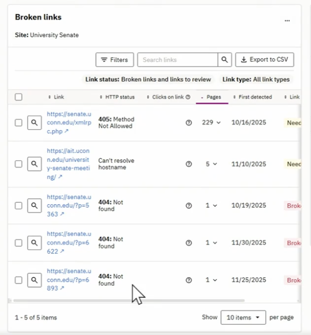 A screenshot of the Broken Links section of the Siteimprove Dashboard that includes the link, HTTP status, number of clicks on the link, number of pages with the link, and when it was first detected.