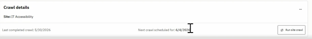 A screenshot of the crawl details section of the Siteimprove dashboard, which contains when the crawl was last completed and when the next one is scheduled for.