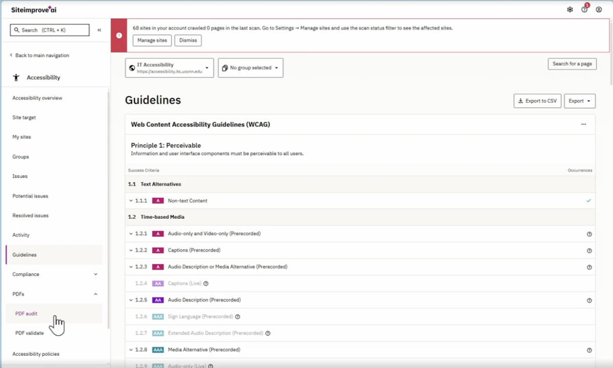 A screenshot of the guidelines section which includes a list of the WCAG guidelines organized by principle.