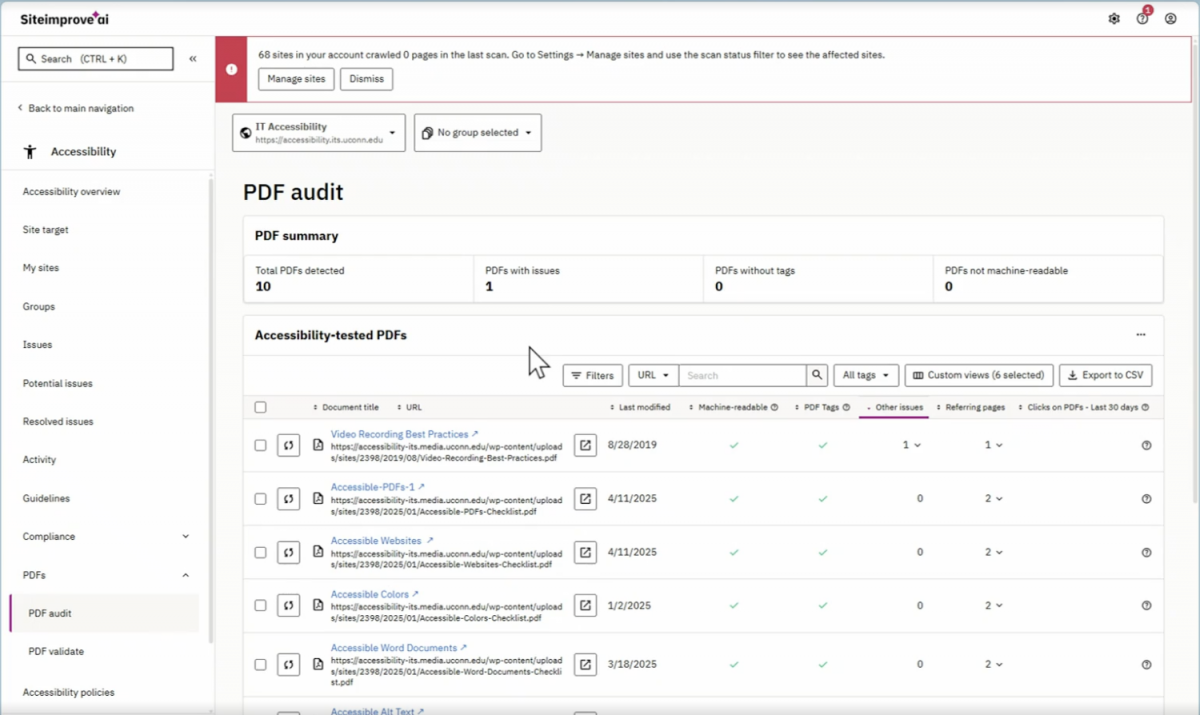 A screenshot of the PDF audit section with the option to view all PDFs on the site and any issues