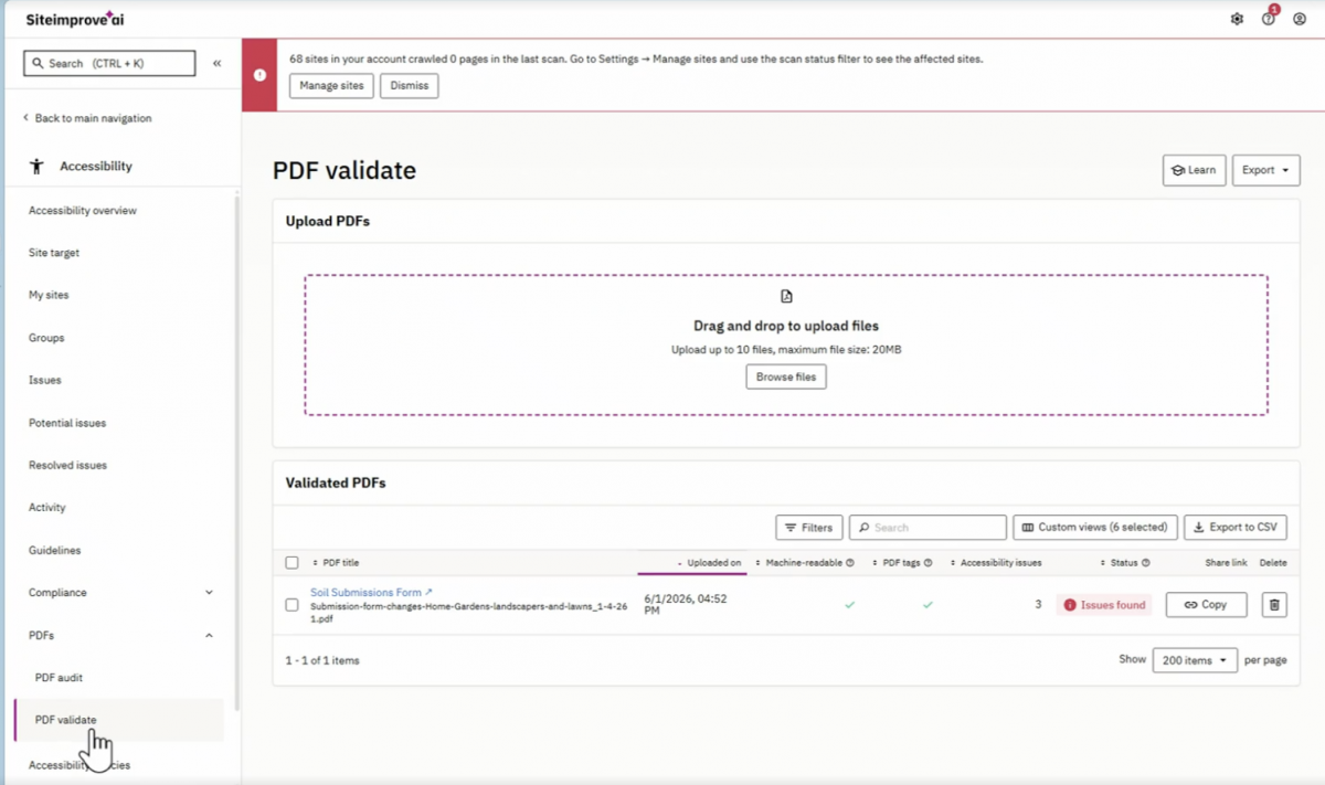 A screenshot of the PDF validate section with the option to upload PDFs and identify any issues with them.