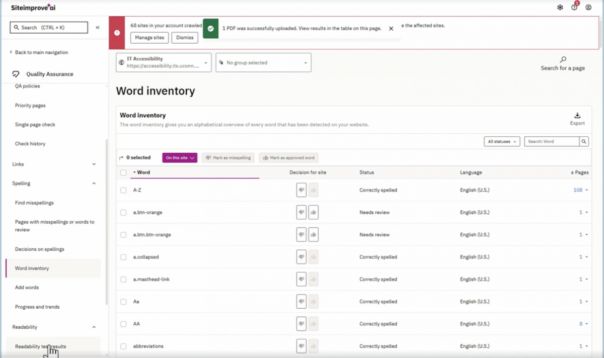 A screenshot of the Word Inventory section that lists all of the words used on the site, their language and status.