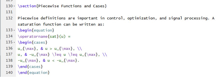 A screenshot of LaTeX source code with an example of piecewise definitions.