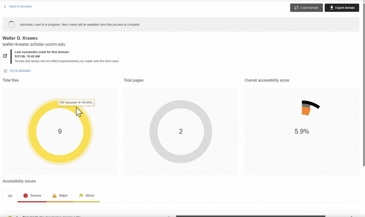 A screenshot of the site-specific details that include the total files and pages and accessibility score for that specific site.