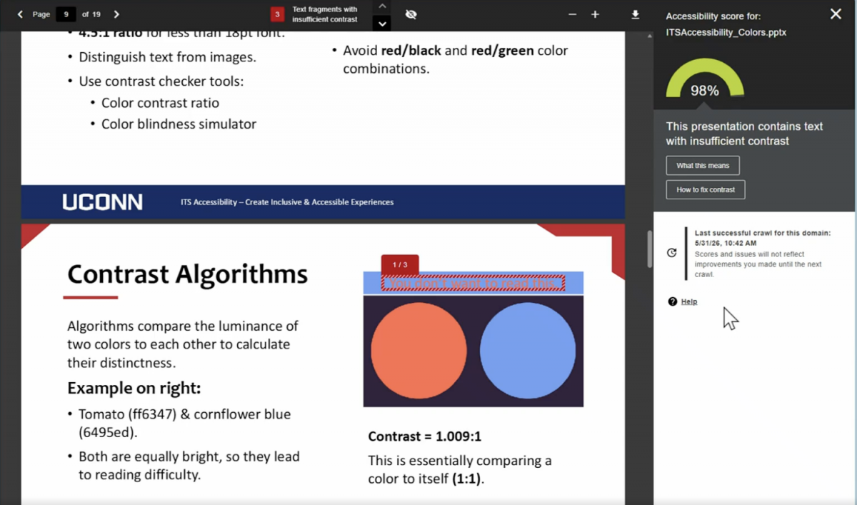 A screenshot of an Ally accessibility scoring of a PowerPoint, and a highlighted issue (in this case color contrast) and how to fix it.