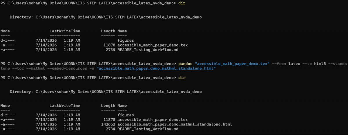 A screenshot of the Windows Terminal showing the command used to convert LaTeX tex files to HTML5.