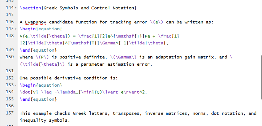 A screenshot of LaTeX source code showing examples of adding Greek letters and notation using standard commands.