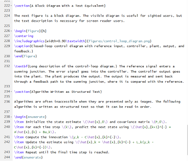 A screenshot of LaTeX source code defining a block diagram of an example control-loop system with text equivalent.