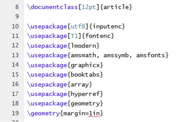 A screenshot of LaTeX source code showing the document class and appropriate package structure.