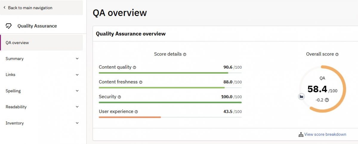 A screenshot of the QA overview in Quality Assurance, which rates the content quality, freshness, security, and overall user experience.