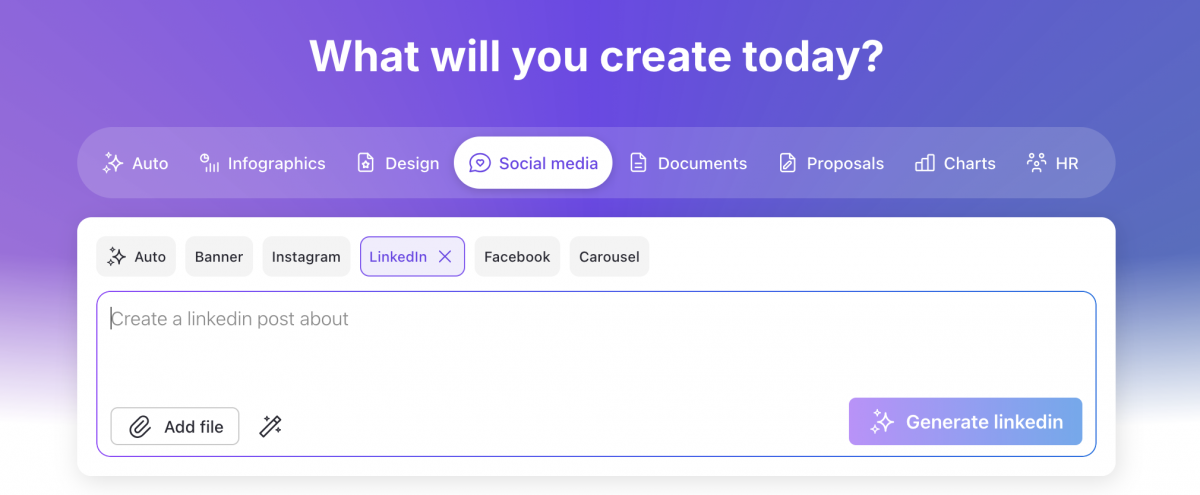 A screenshot of the Venngage DesignAI tool that enables you to write a text prompt of what you want created.
